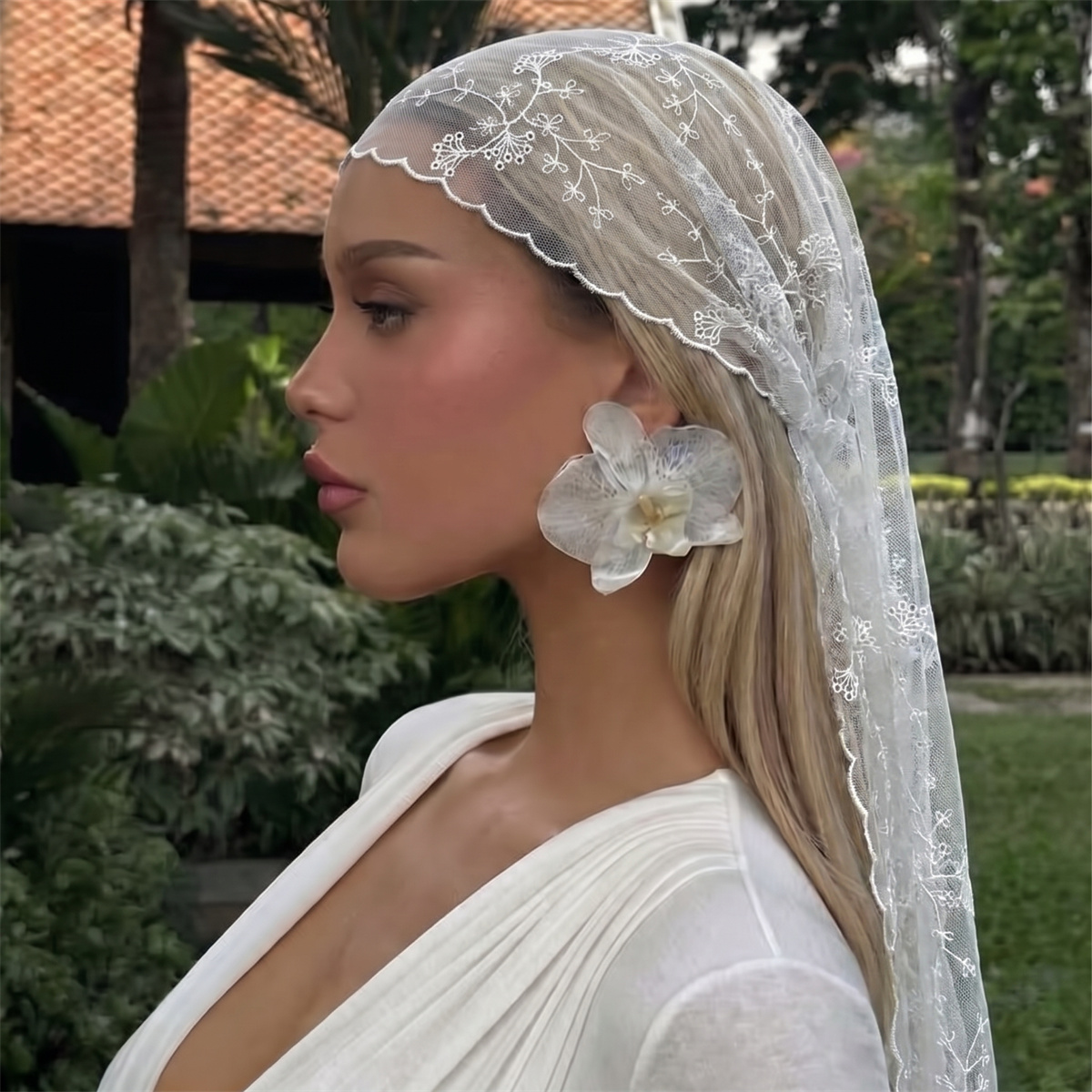 Head Wrap Turban - Weißer Blumen-Spitzen-Mesh-Kopftuch für Damen, transparenter Tüll